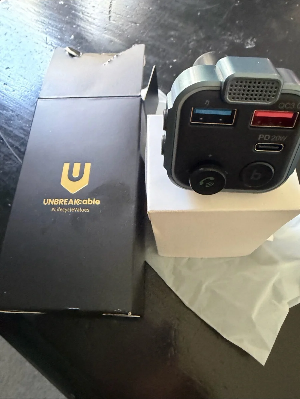 UNBREAKcable Bluetooth 5.3 Car FM Transmitter - Blue/Black